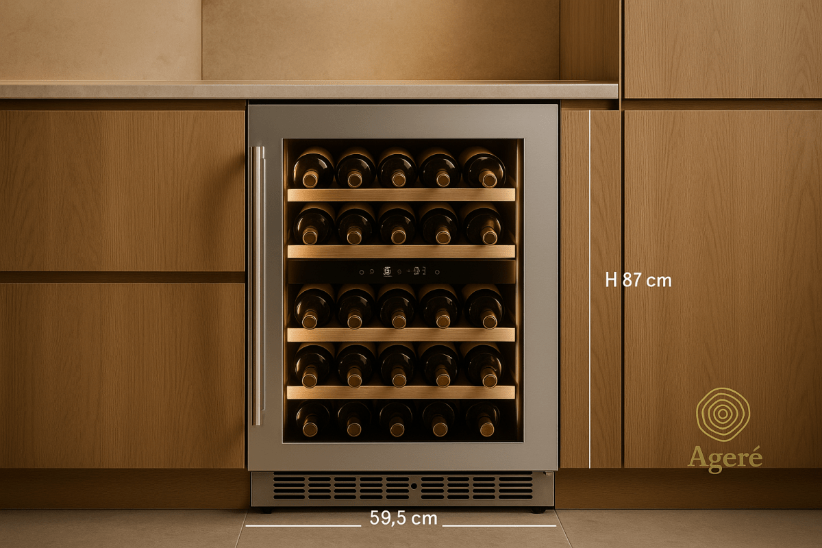 Host’s Companion wine fridge by Ageré – undercounter model with 59.5 cm width and 87 cm height dimensions shown
