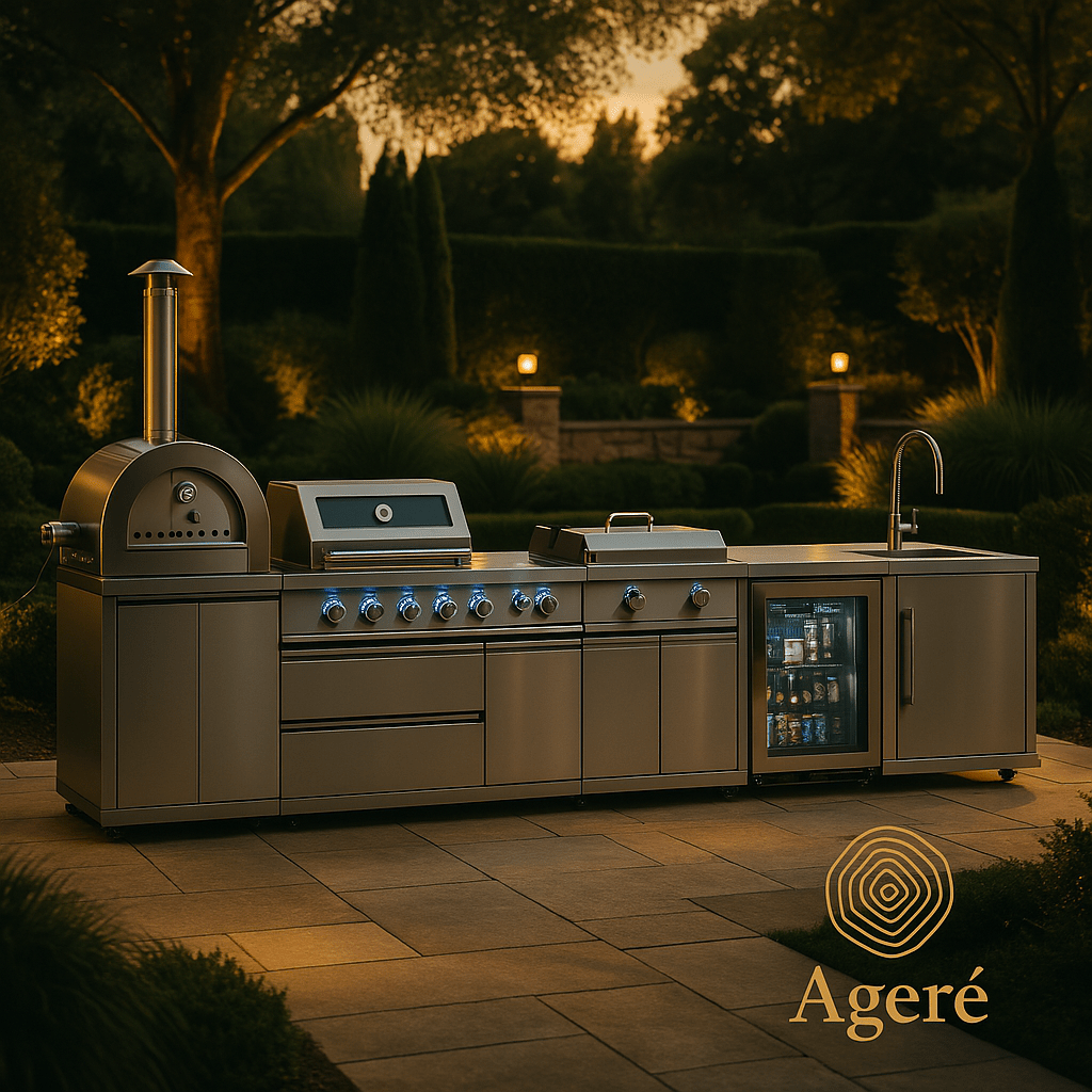 Ageré Masterpiece Grill luxury outdoor kitchen with pizza oven and fridge – garden setting at dusk