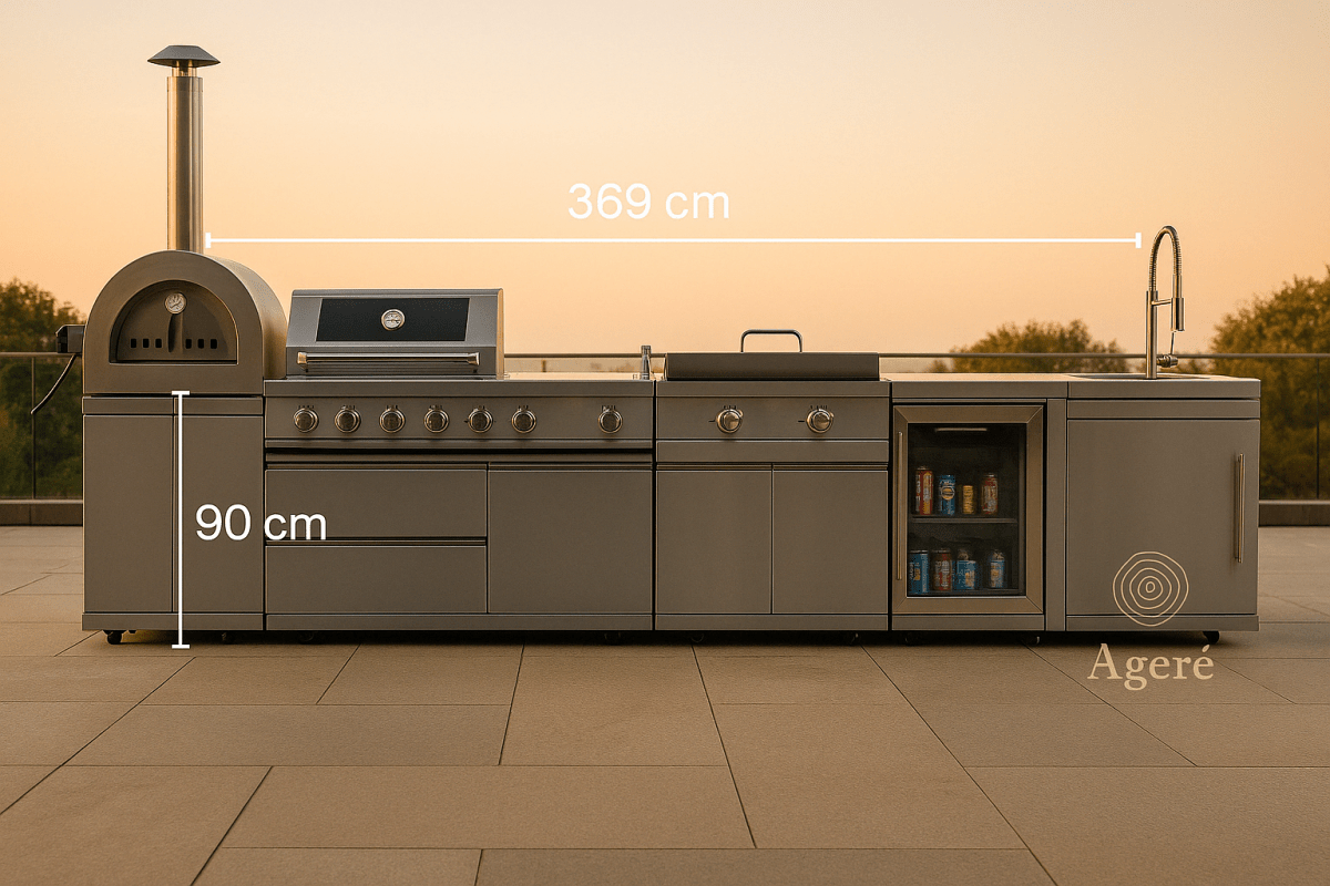 Dimensions of The Masterpiece Grill outdoor kitchen – 369 cm width shown with labeled layout