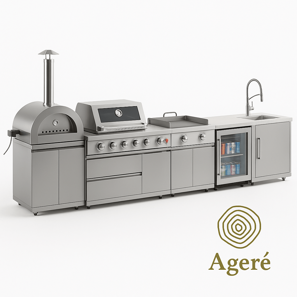 Full view of Ageré Masterpiece Grill with I-shaped layout – professional gas grill and oven system