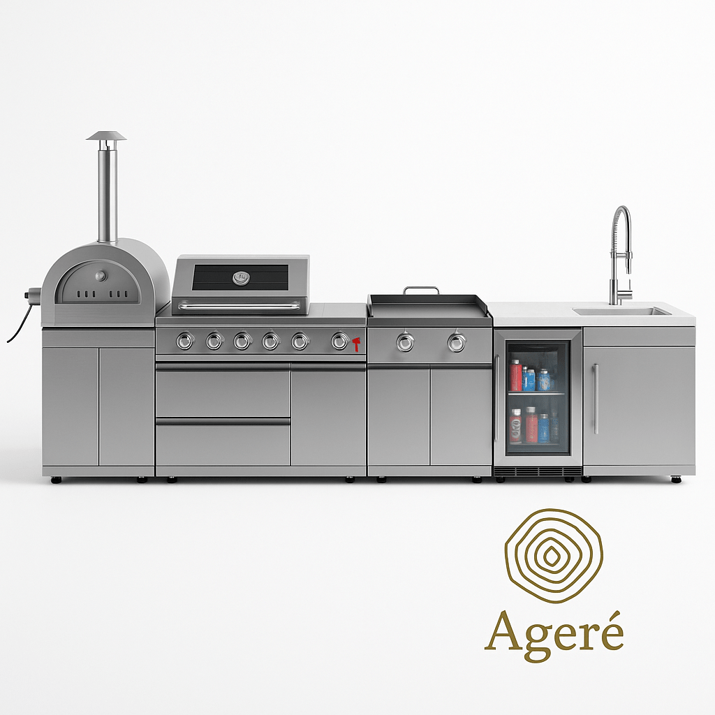 Ageré Masterpiece Grill – modular outdoor kitchen with 6-burner grill, griddle, pizza oven, sink, and fridge