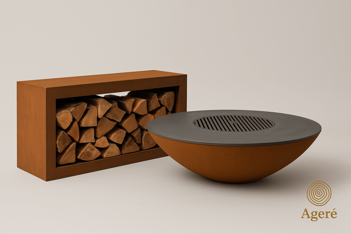 Corten steel fire bowl and wood holder – The Primal Flame by Ageré, side view