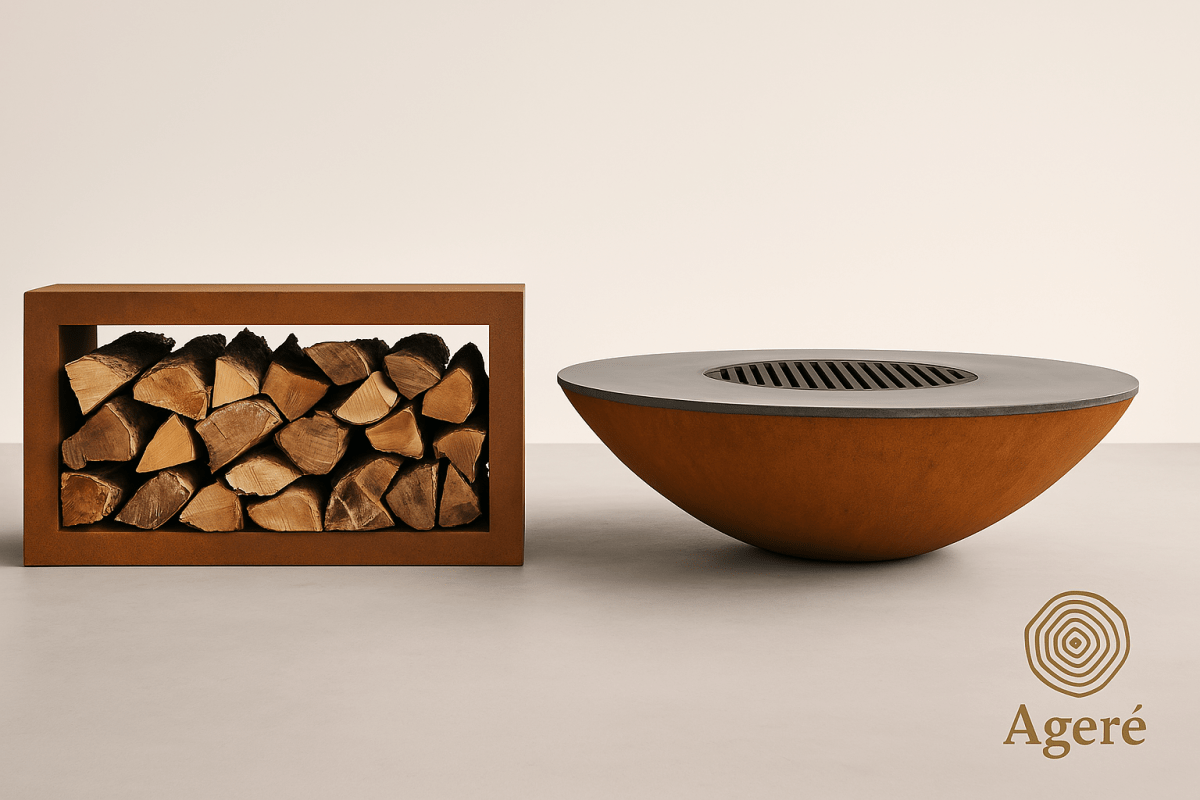 Ageré Primal Flame fire bowl with matching corten steel wood storage – clean studio view
