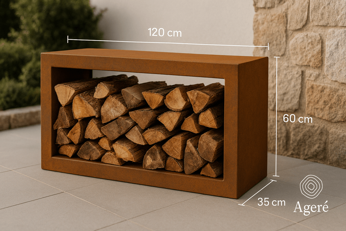 Ageré corten wood storage block – 120 cm wide and 60 cm high, part of The Primal Flame set