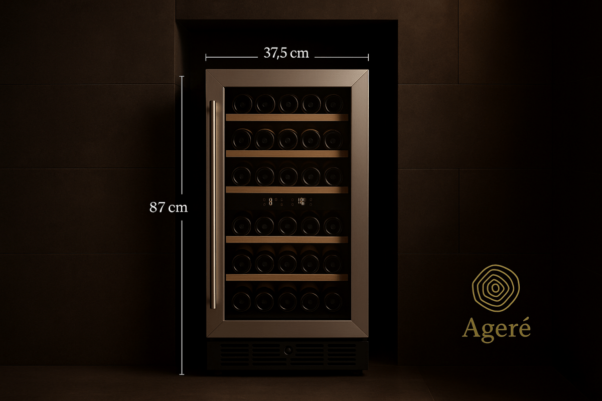 Agéré Refined Compact size reference – undercounter wine fridge with 37,5 cm width and 87 cm height shown