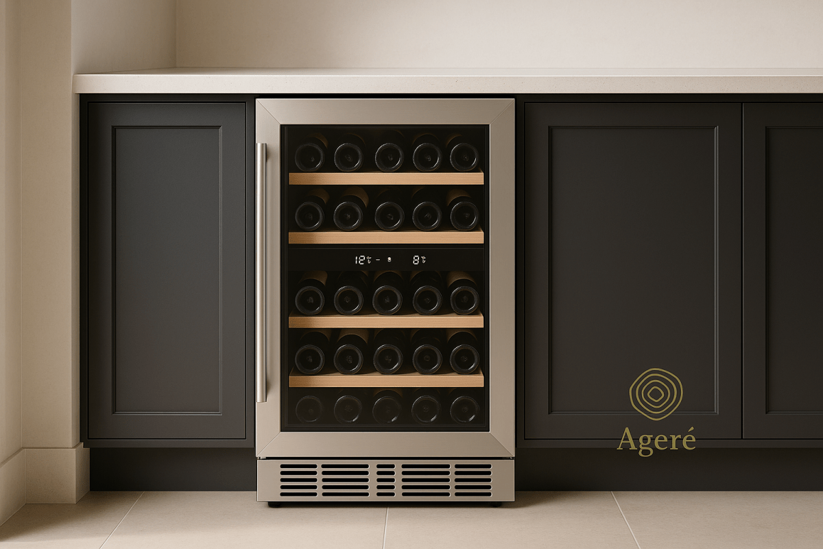 The Refined Compact by Ageré – stainless steel wine fridge integrated into minimalist modern kitchen cabinetry