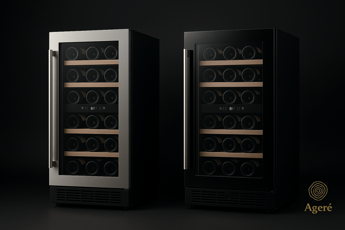 The Refined Compact undercounter wine fridges – dual finish display with open glass doors and stocked bottles