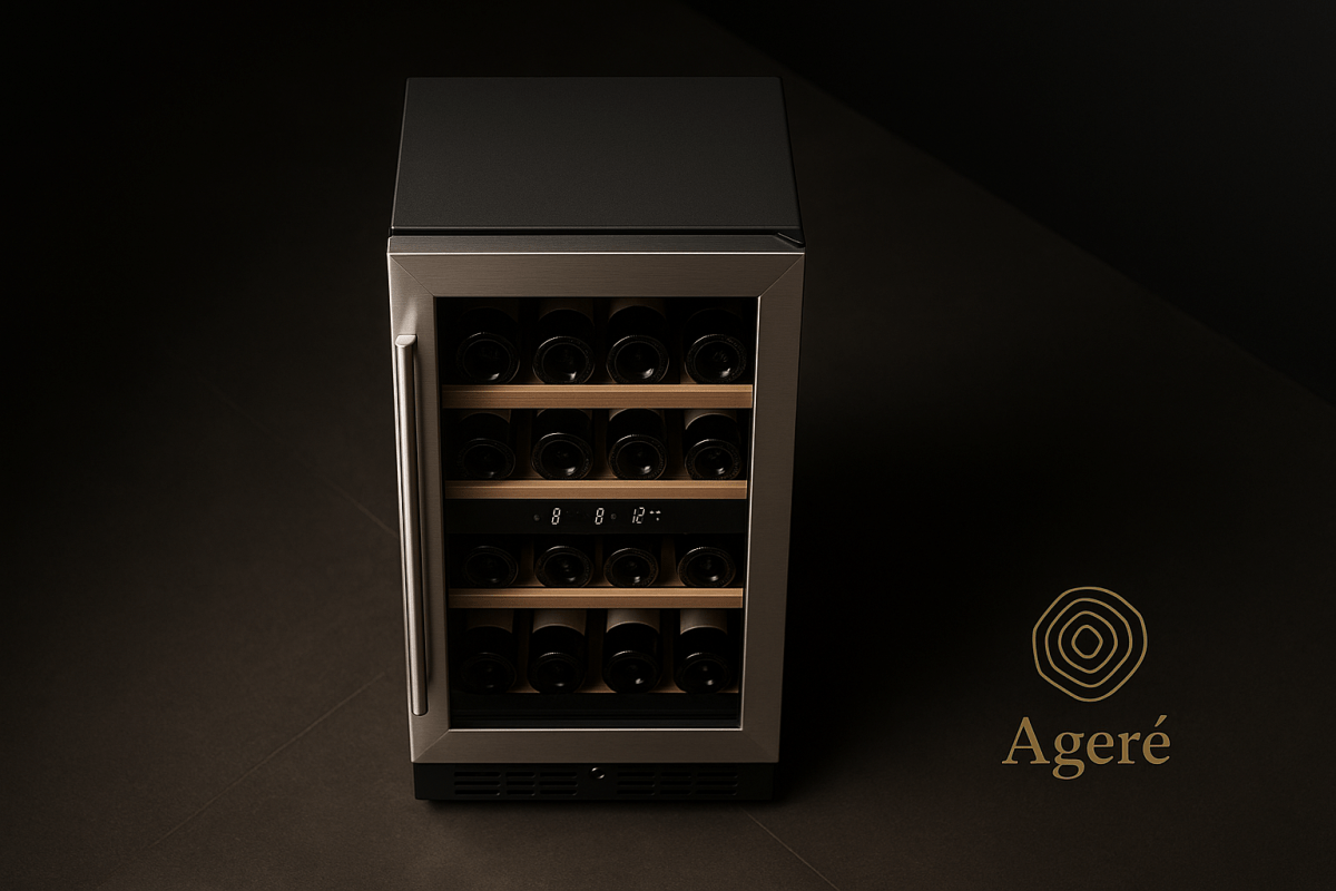 Ageré Refined Compact – overhead view of compact wine fridge with five wood shelves and LED lighting
