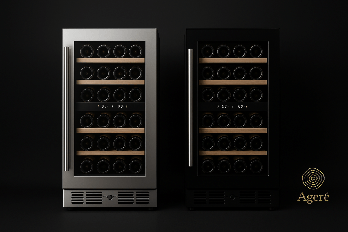 Ageré Refined Compact wine fridges – undercounter models in black and stainless steel finishes with beech shelves