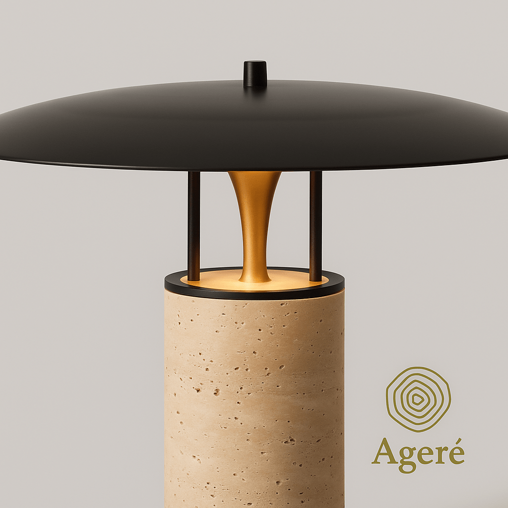 Tierra - Ageré Close - up of black steel shade and golden interior stem of lamp