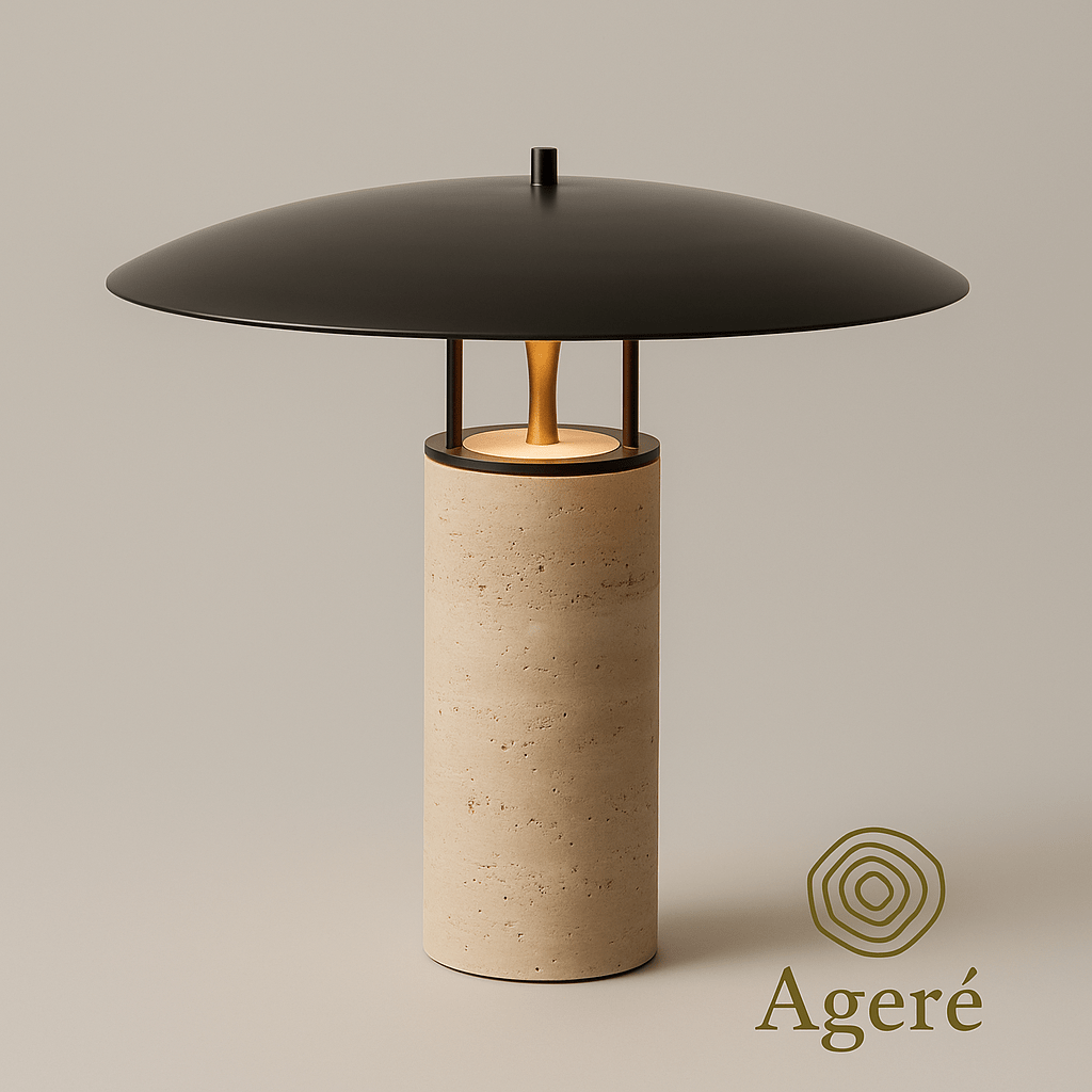 Tierra - Ageré Studio shot of Tierra travertine lamp with black metal shade