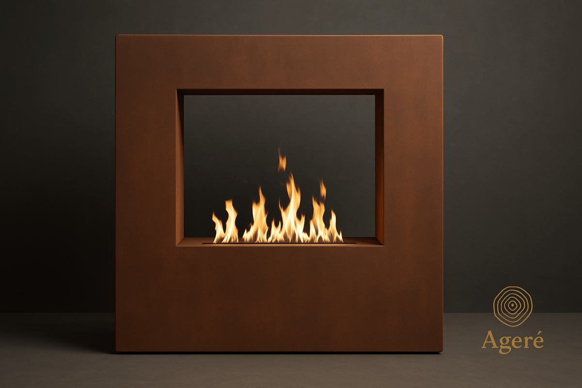 Modern corten fire feature – front profile of The Vertical Flame gas fire wall