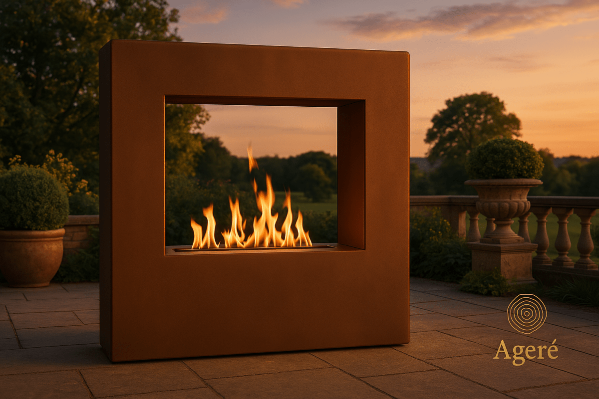 Outdoor fire wall sculpture – The Vertical Flame glowing in a sunset landscape