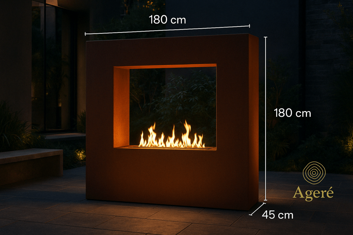 The Vertical Flame dimensions – 180 cm x 180 cm corten steel wall-mounted fire feature