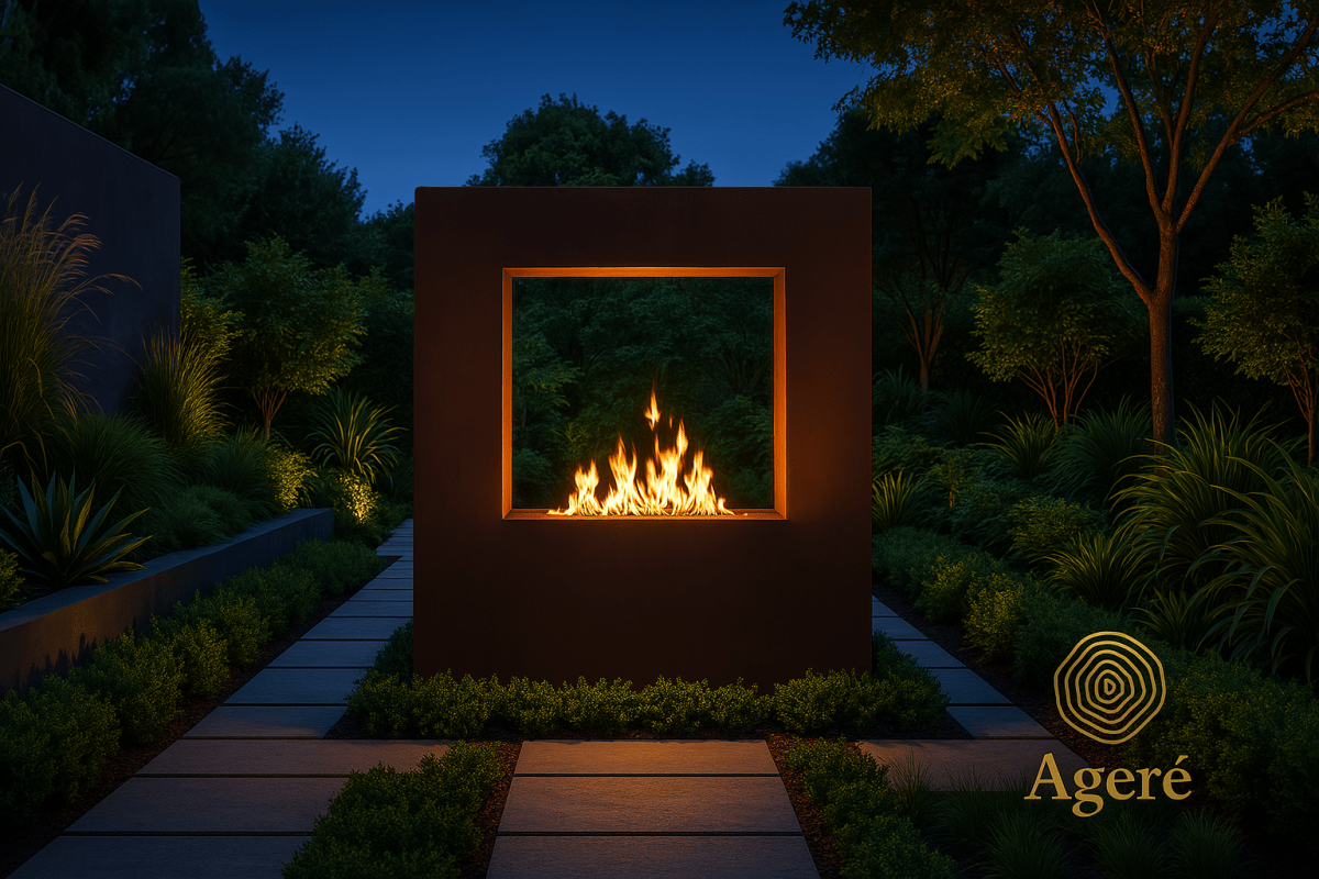 Freestanding corten gas fireplace – The Vertical Flame shown in a modern landscape