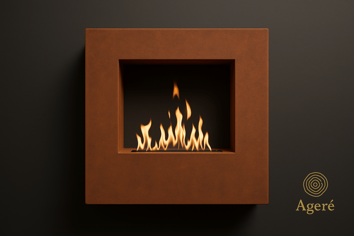 Detail of The Vertical Flame’s recessed fire chamber – precision-cut corten form