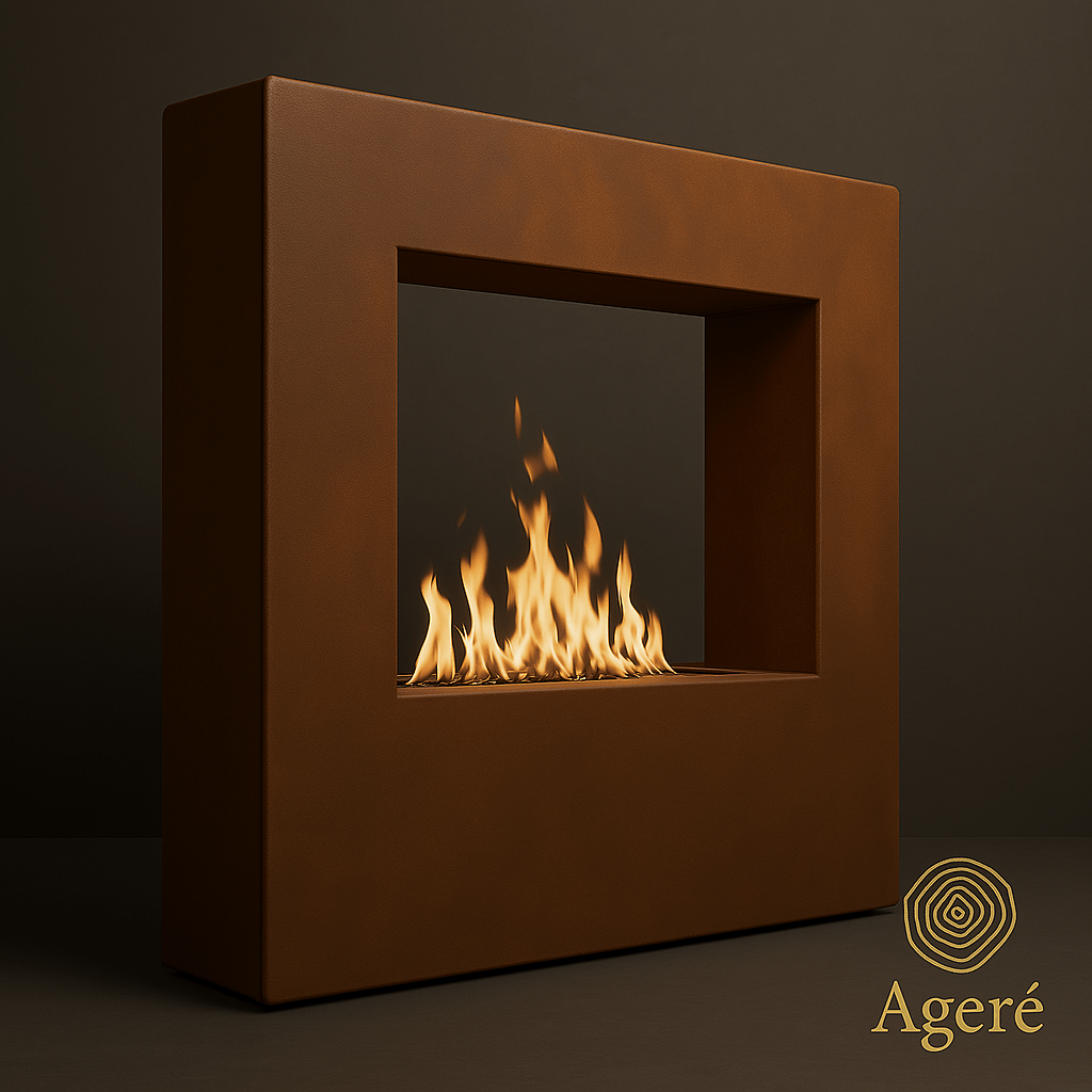 Sculptural design of The Vertical Flame – corten steel outdoor fire wall by Ageré