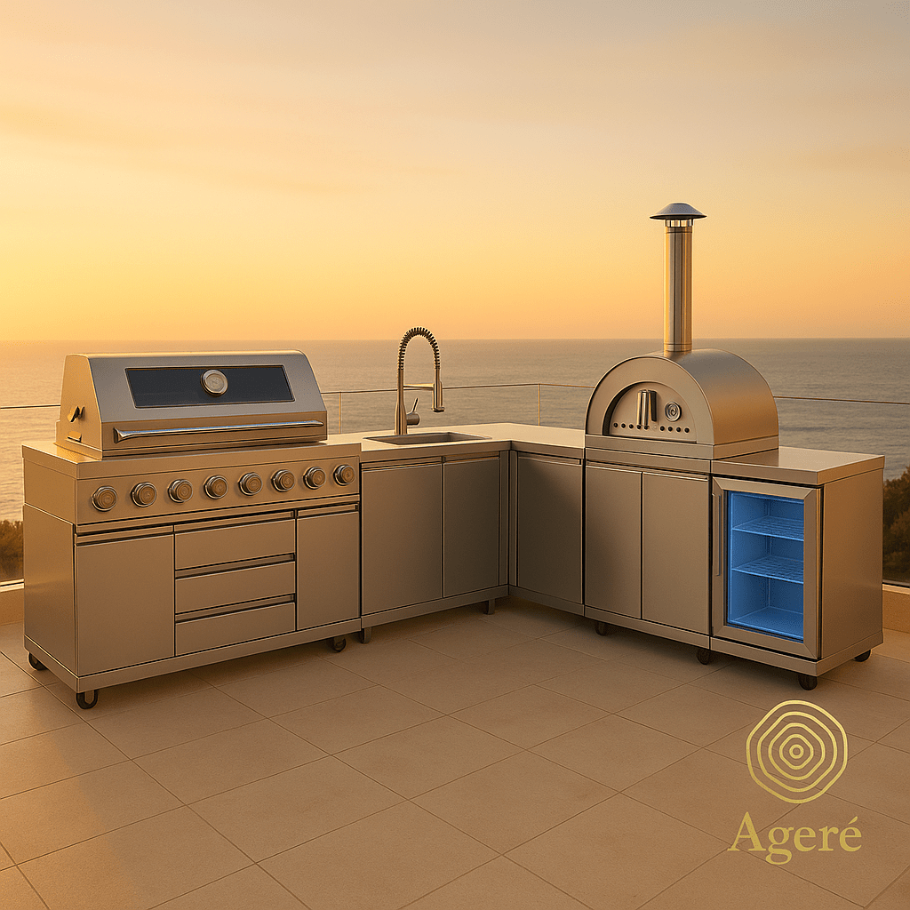 Customize Your Outdoor Kitchen - AgeréAgeré L - shaped custom outdoor kitchen with pizza oven, fridge, and grill – modular design at golden hour