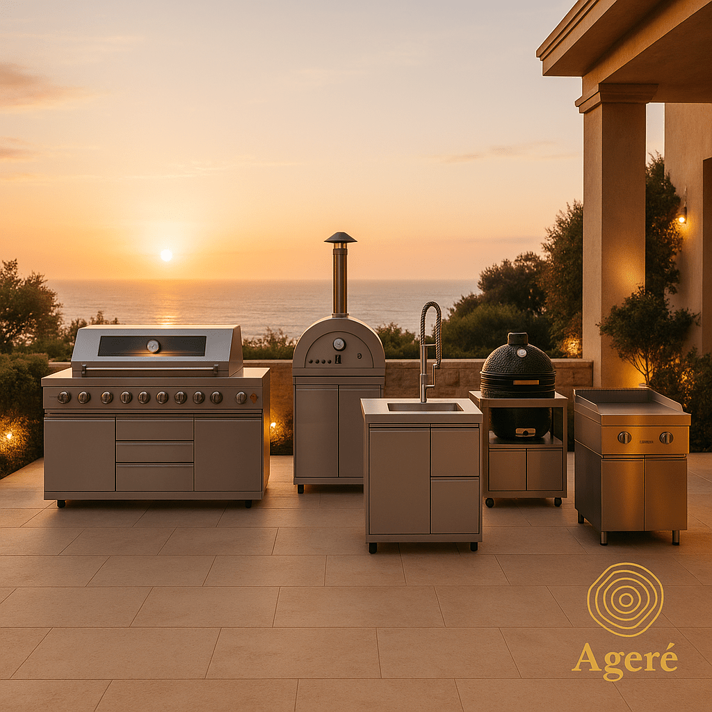 Ageré modular outdoor kitchen showcasing the separate modules with grill, fridge, and pizza oven – sunset ambiance