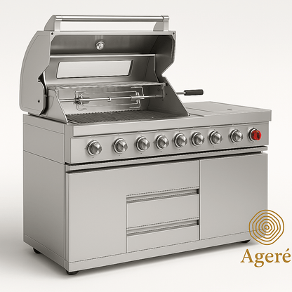 Ageré premium grill unit with 8 knobs, side burner, glass lid, and built-in bottle opener – outdoor kitchen module