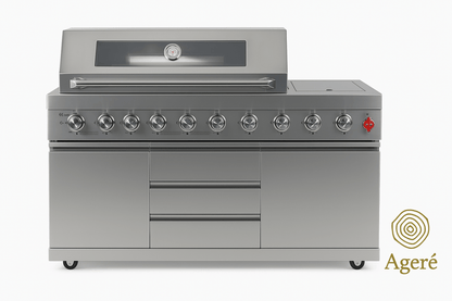 Ageré stainless steel 8-burner grill with integrated side stove and storage drawers – modular outdoor kitchen