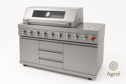 Modular 8-burner outdoor grill by Ageré with infrared burner, rotisserie bar, and drawer cabinetry