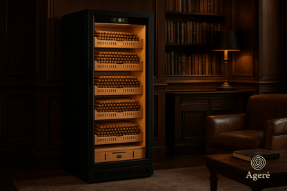 The Archivist cigar humidor by Agéré – tall cabinet in classic wood-paneled room with ambient lighting