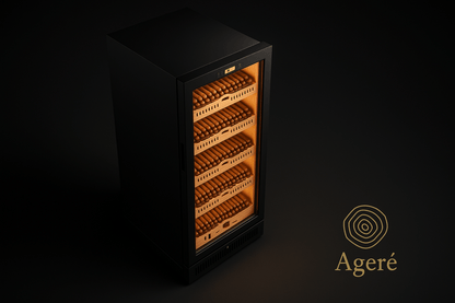 Ageré premium cigar humidor – angled showcase of The Archivist with matte black body and cedar racks