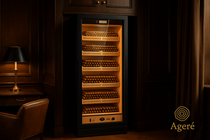 Built-in installation of The Archivist by Ageré – high-capacity cigar humidor with golden backlight