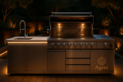 Luxury outdoor kitchen by Ageré with integrated lighting and full stainless setup – The Artisan Station