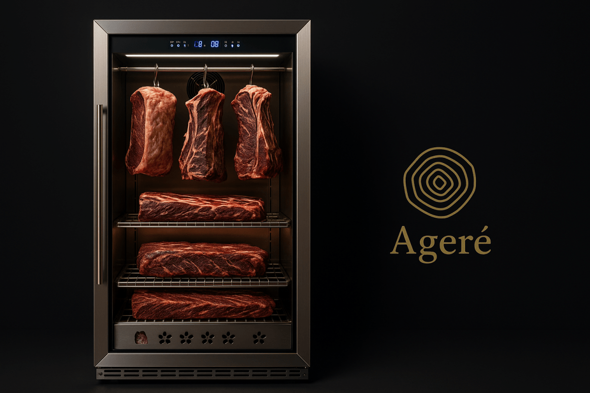 High-end dry aging fridge with multiple racks of premium beef cuts – branded with Ageré logo