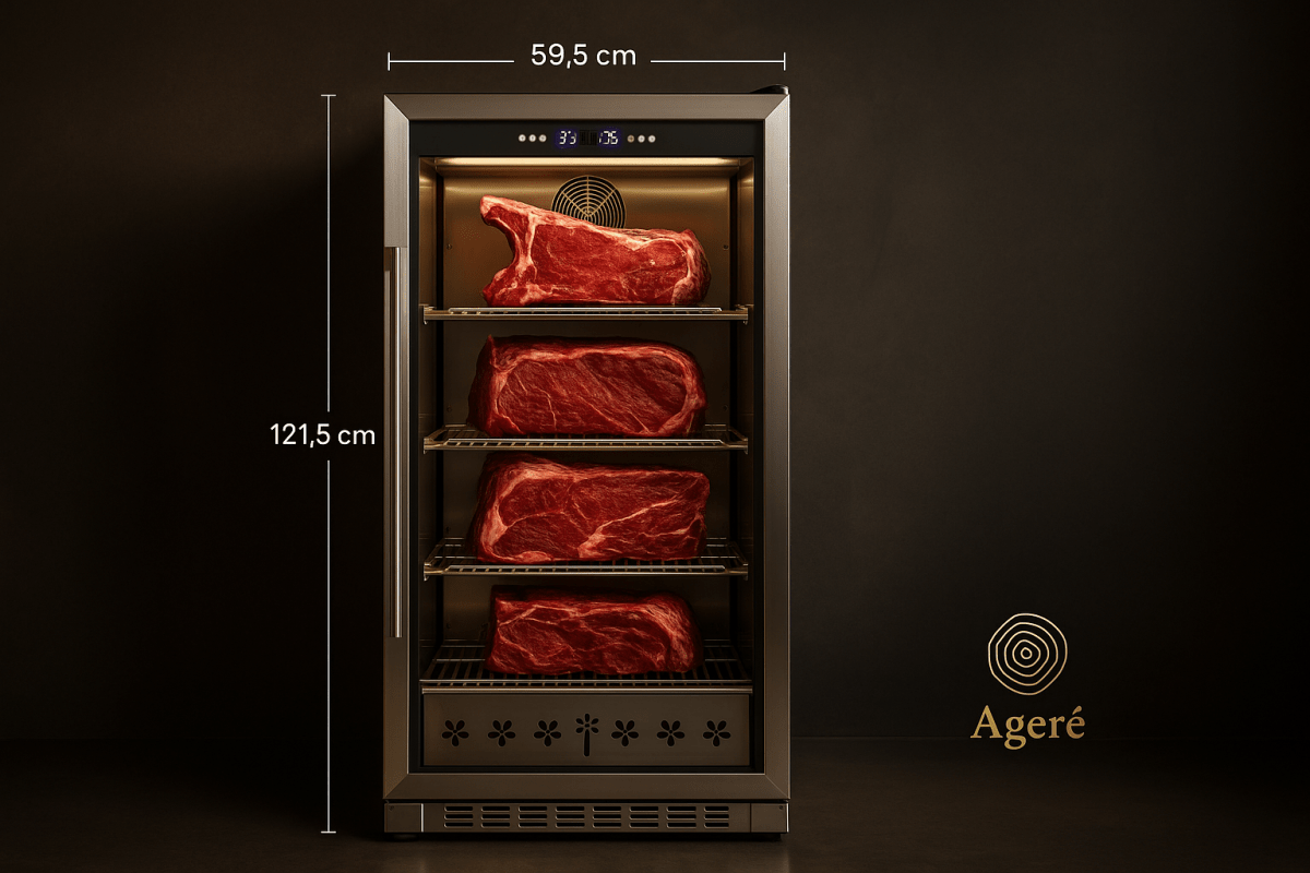 Butcher’s Reserve dry ager – 59.5 cm wide, 121,5 cm tall – front view with full shelves of aged meat