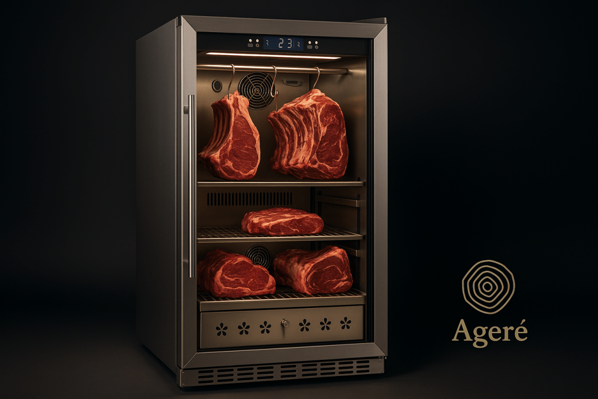Ageré dry ager with illuminated interior showing aging process of large meat cuts