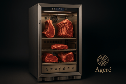 Ageré dry ager with illuminated interior showing aging process of large meat cuts
