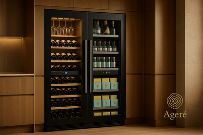 Ageré The Cellar Quartet – integrated wine and beverage cooler installed in rich wood cabinetry