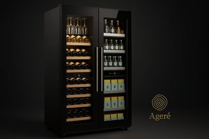 Dual-compartment wine fridge by Ageré – angled view of The Cellar Quartet with open doors and illuminated shelving