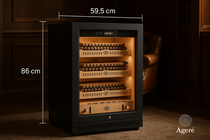 Ageré Collector’s Edition cigar humidor – width 59.5 cm and  86 cm tall shown with surrounding lounge ambiance