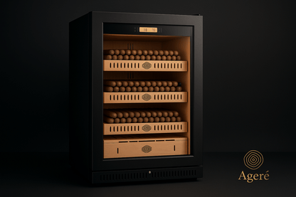 Ageré cigar humidor – The Collector’s Edition front view with cedar wood shelves and digital display