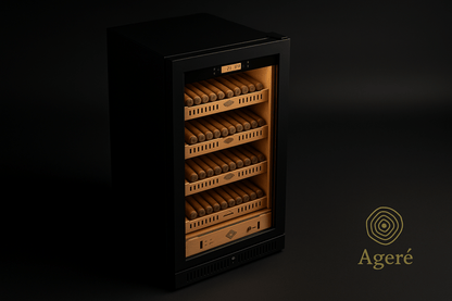 Premium cigar humidor by Ageré – side view of The Curator’s Vault showing spacious shelf configuration