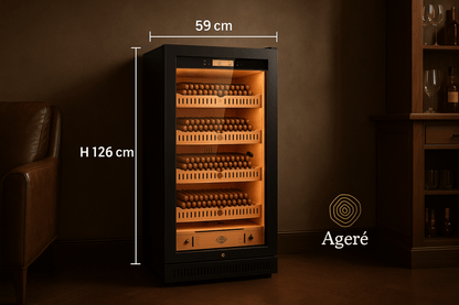 Ageré The Curator’s Vault – 126 cm tall cigar humidor with width 59 cm, shown on neutral brown backdrop