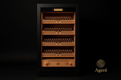 Ageré Curator’s Vault cigar humidor – front view showing full cedar shelf layout and digital controls