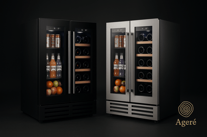 The Dual Ritual fridge – dual-compartment undercounter cooler by Ageré with open doors and full interior view