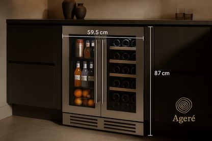 The Dual Ritual dimensions – Ageré undercounter wine fridge measuring 59.5 cm wide and 87 cm high in spec image