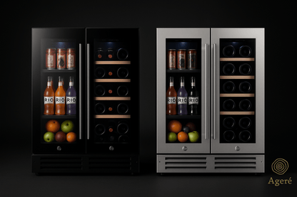 Ageré Dual Ritual wine and beverage cooler – dual-zone stainless steel and black glass units with wooden shelves and bottle storage