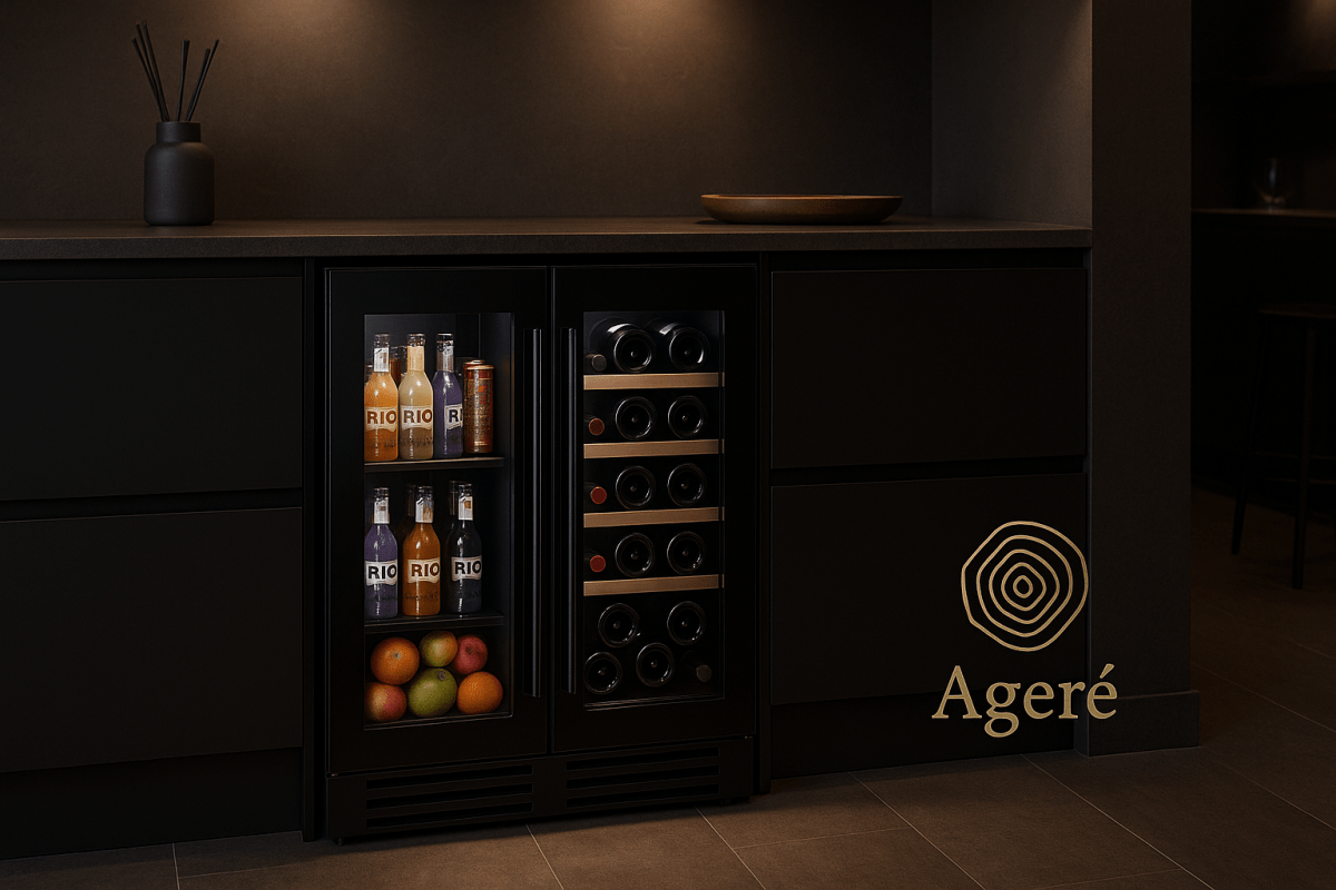 The Dual Ritual by Ageré – undercounter wine and beverage fridge with dual glass doors in ambient kitchen