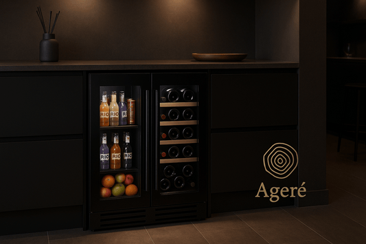 The Dual Ritual by Ageré – undercounter wine and beverage fridge with dual glass doors in ambient kitchen