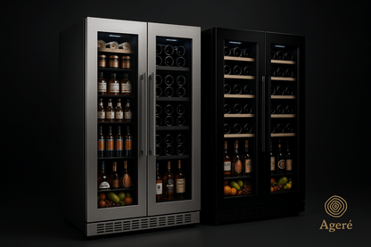 The Grand Cellar Duo – dual-compartment wine fridge by Ageré with open doors and ambient shelf lighting