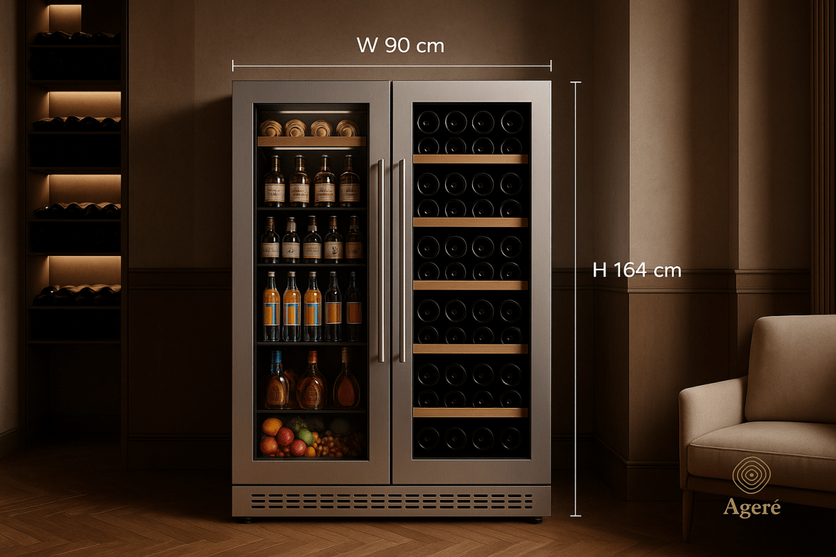 The Grand Cellar Duo dimensions – Agéré wine fridge measuring 90 cm wide and 164 cm tall in overlay