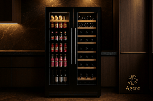 The Grand Cellar Duo by Ageré – dual-zone wine and beverage fridge in a warm, luxury interior