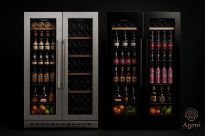 Agéré Grand Cellar Duo – double-door wine and beverage cooler with black glass and stainless steel finish and wooden shelves
